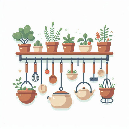 Flat design style vector illustration concept of home garden. Houseplants in pots hanging on the wall.のイラスト素材