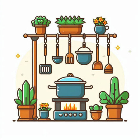 Kitchen stove with pot and pots. Vector illustration in flat styleのイラスト素材