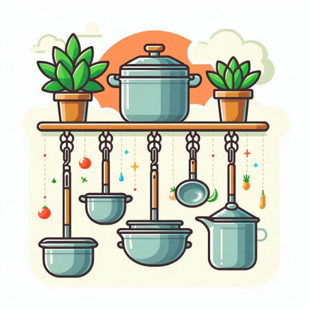 Kitchen utensils on shelf. Vector illustration in flat styleのイラスト素材