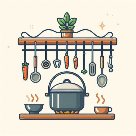 Kitchen icon. Vector illustration of kitchen utensils and potのイラスト素材