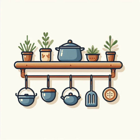 Kitchen utensils on shelf. Vector illustration in flat style.のイラスト素材