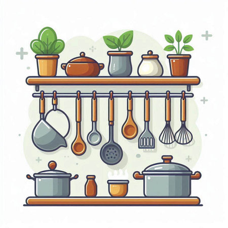 Kitchen utensils on a shelf. Vector illustration in flat styleのイラスト素材