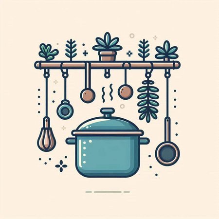 Vector illustration of cooking pot with kitchen utensils on the wall.のイラスト素材