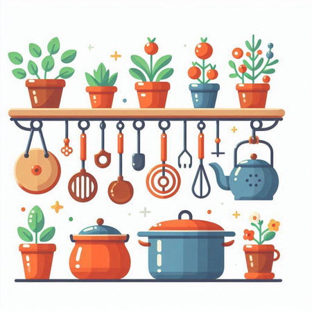 Kitchen utensils and pots on shelf. Vector illustration in flat styleのイラスト素材