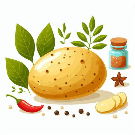 Potato with spices and herbs on white background. Vector illustration.のイラスト素材
