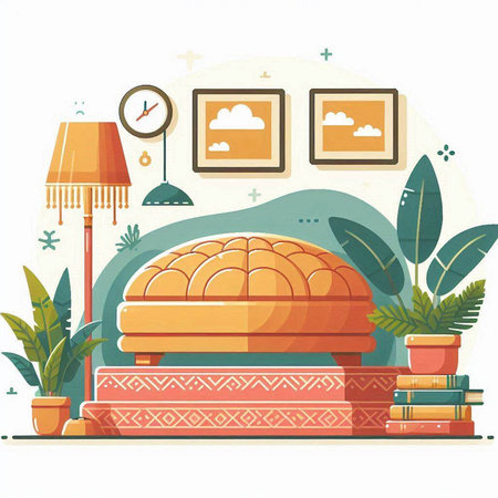 Vector illustration of a cozy living room with a sofa, books, lamp and plants.のイラスト素材