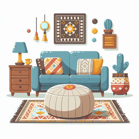 Living room interior with sofa, coffee table, pouf, pillows and other items. Vector illustration.のイラスト素材