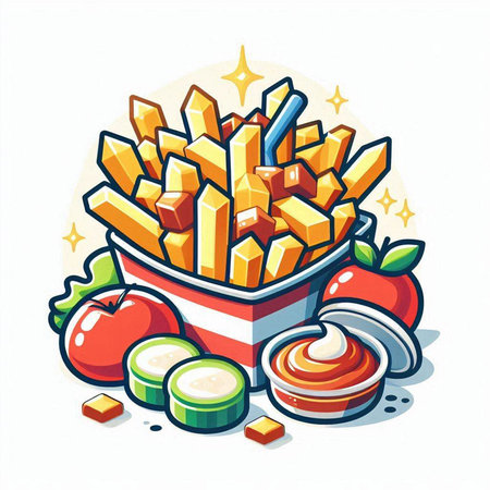 Illustration of french fries with ketchupnnaise and fresh vegetablesのイラスト素材