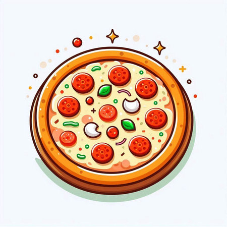 Pizza with cheese, salami and tomato. Vector illustration.のイラスト素材