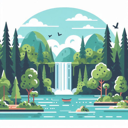Waterfall on the river in the forest. Flat style vector illustration.のイラスト素材