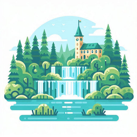 Waterfall in the forest. Flat style vector illustration on white background.のイラスト素材