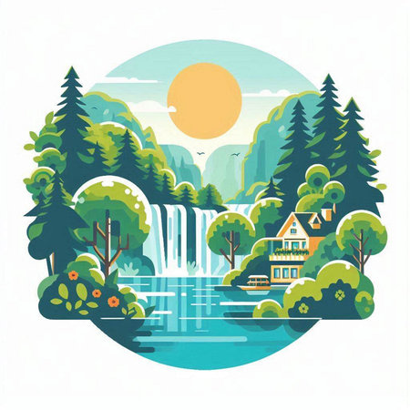 Vector illustration of a forest landscape with a waterfall and a house.のイラスト素材