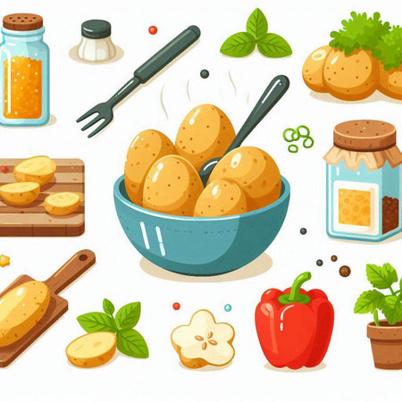 Potatoes in a bowl and ingredients for cooking. Vector illustration.のイラスト素材