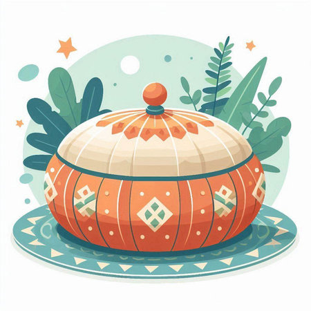 Vector illustration of a round ceramic plate with a lid decorated with an ornament.のイラスト素材