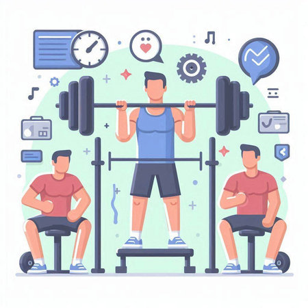 Vector illustration of a group of people training in the gym. Flat style designのイラスト素材