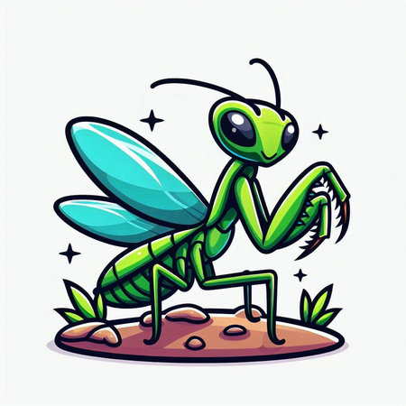Praying mantis cartoon character on white background. Vector illustration.のイラスト素材