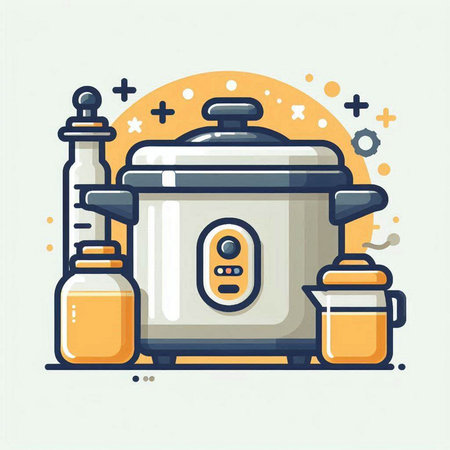 Vector illustration in flat linear style - kitchen electric cooker with ingredients for cooking.のイラスト素材