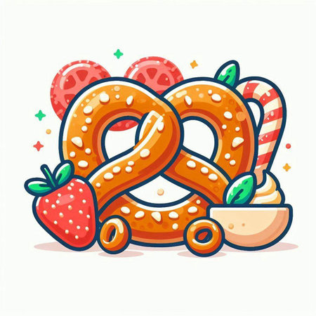 Cute cartoon pretzel with strawberries and candies. Vector illustration.のイラスト素材