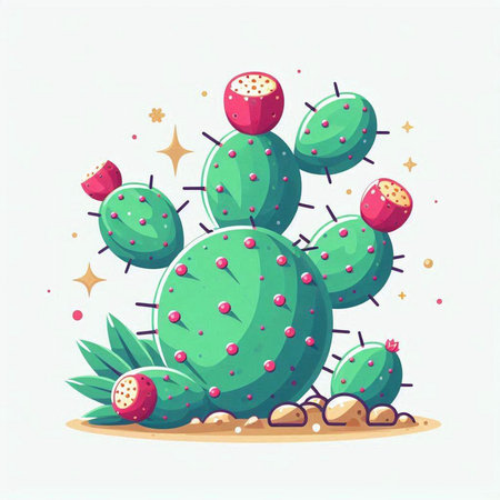 Cute cartoon cactus with flowers and leaves. Vector illustration.のイラスト素材