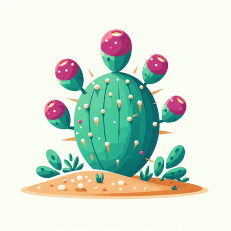 Cactus with pink flowers and green leaves. Cartoon vector illustration.のイラスト素材