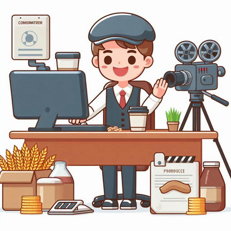 Cinema director working at his workplace. Vector cartoon illustration.のイラスト素材