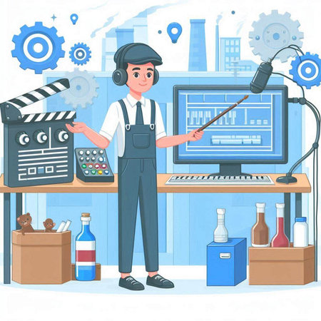 Cinema production concept. Cartoon vector illustration of cinema production process.のイラスト素材