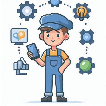 Vector illustration of a boy in overalls and cap with phone in his hands.のイラスト素材