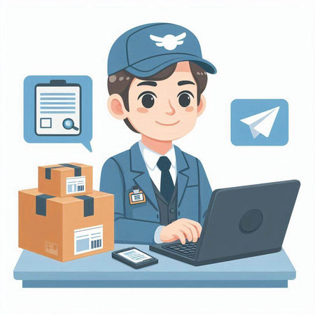 Postman with parcel and laptop. Vector illustration in cartoon style.のイラスト素材