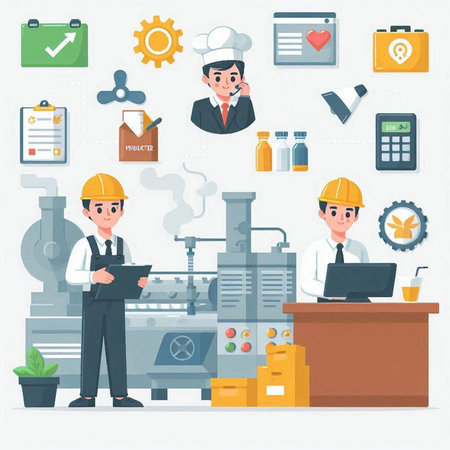 Engineer working in factory with tools and equipment. Vector illustration.のイラスト素材