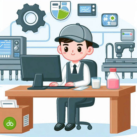 Illustration of a Man Working on His Laptop in an Officeのイラスト素材