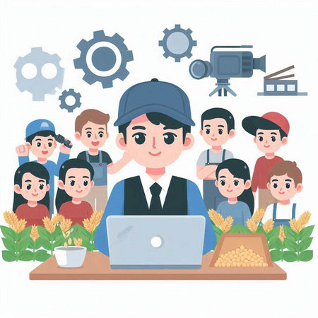 Illustration of a man working on a laptop with his team in the backgroundのイラスト素材
