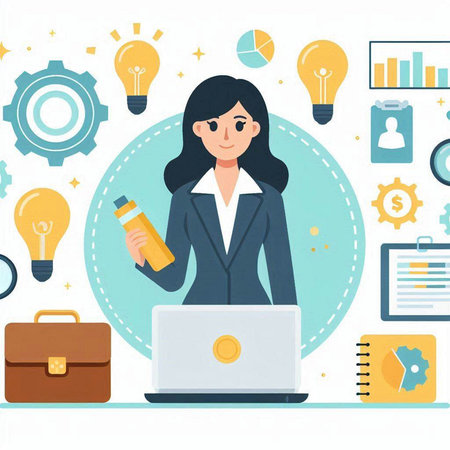 Vector illustration of a businesswoman with a laptop and a bottle of waterのイラスト素材