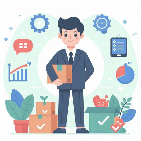Businessman with box. Flat design modern vector illustration concept for web banners, infographics, hero images.のイラスト素材