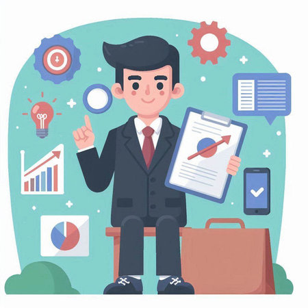 Businessman working at office. Vector illustration in a flat style.のイラスト素材