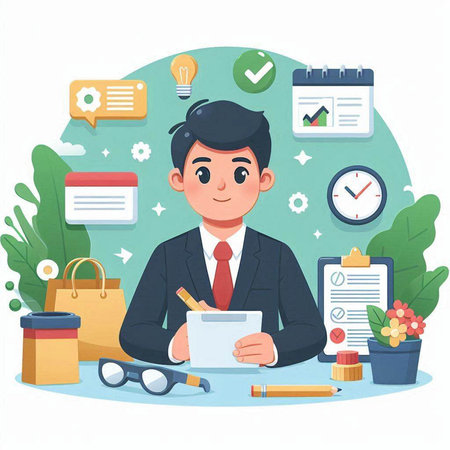 Businessman working at the office. Vector illustration in cartoon style.のイラスト素材