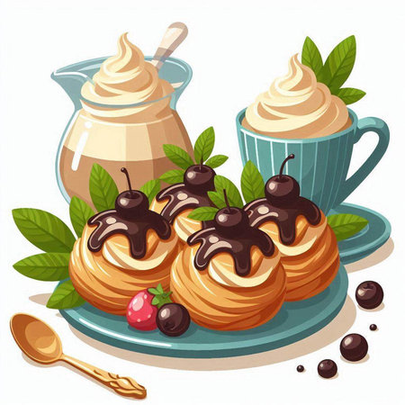 Cinnamon rolls with whipped cream and chocolate sauce. Vector illustration.のイラスト素材