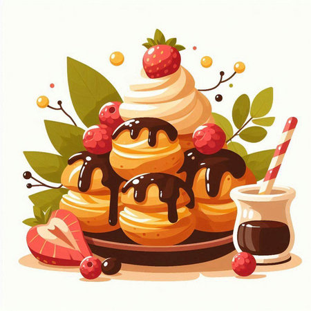 Pancakes with cream and berries. Vector illustration in cartoon style.のイラスト素材