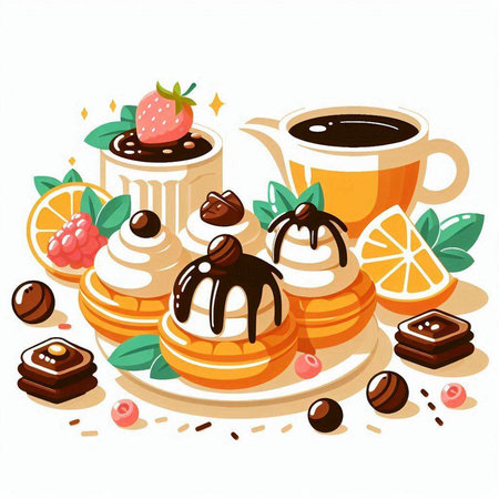 Cup of coffee and sweets. Vector illustration on white background.のイラスト素材
