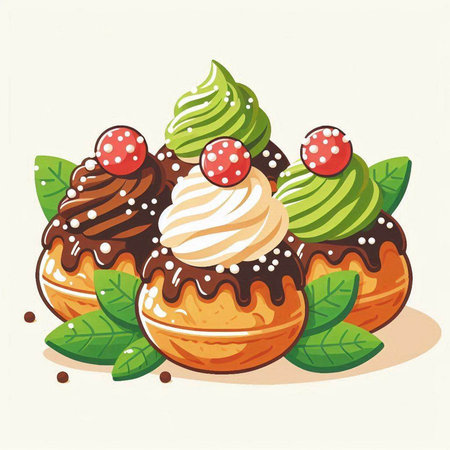 Cupcakes with ice cream and mint leaves. Vector illustration.のイラスト素材