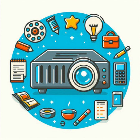 Vector illustration of a flat design of a movie projector with different iconsのイラスト素材