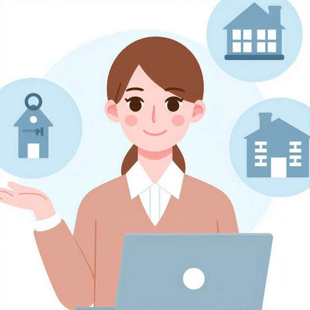 Young woman working at home with a laptop computer. Vector illustration.のイラスト素材