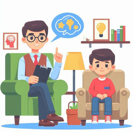 Man and boy sitting on armchair in the living room. Vector illustrationのイラスト素材
