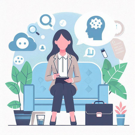 Business woman sitting on the sofa in the office. Flat vector illustration.のイラスト素材