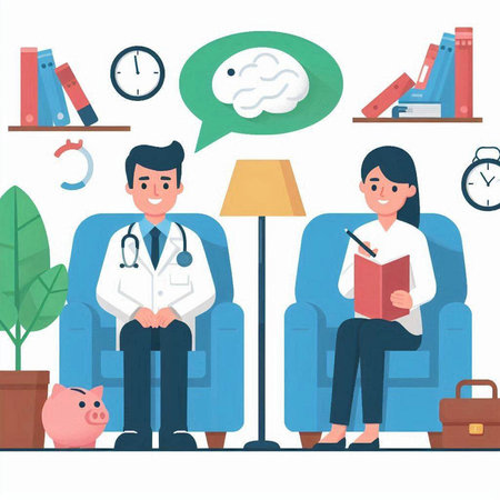 Vector illustration of a male doctor and a female patient sitting on a sofa with a book.のイラスト素材