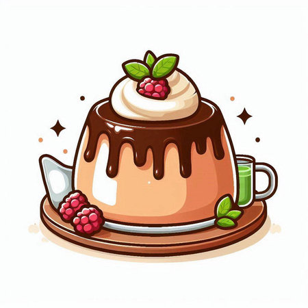 Chocolate pudding with whipped cream and raspberries. Vector illustration.のイラスト素材