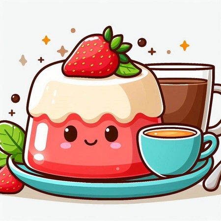Cute strawberry mousse cake with coffee cup. Vector illustration.のイラスト素材