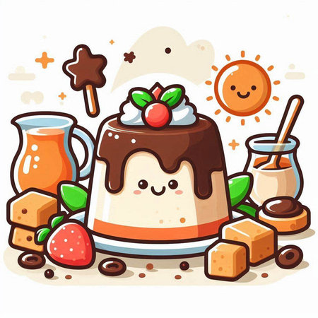 Illustration of a Cute Chocolate Pudding Mascot Characterのイラスト素材
