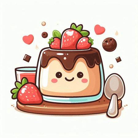 Cute cartoon chocolate panna cotta with strawberry. Vector illustration.のイラスト素材