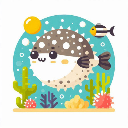 Cute cartoon puffer fish in the sea. Vector illustration.のイラスト素材