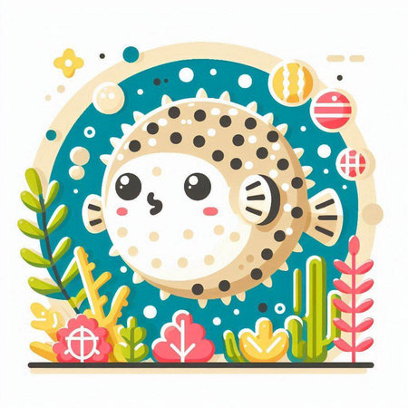 Cute cartoon puffer fish in the sea. Vector illustration.のイラスト素材
